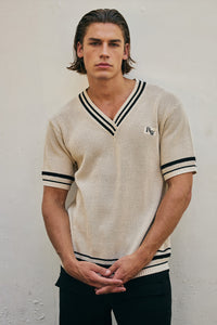 MAKKA V-NECK SHORT SLEEVE KNIT TOP - SAND