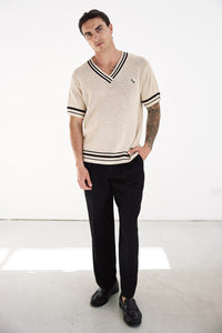 MAKKA V-NECK SHORT SLEEVE KNIT TOP - SAND
