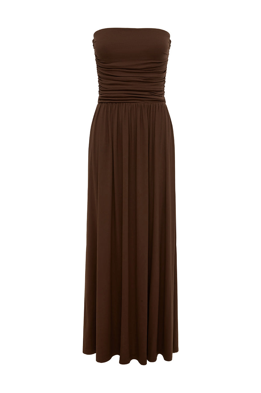 MALONE RUCHED STRAPLESS MAXI DRESS - ESPRESSO