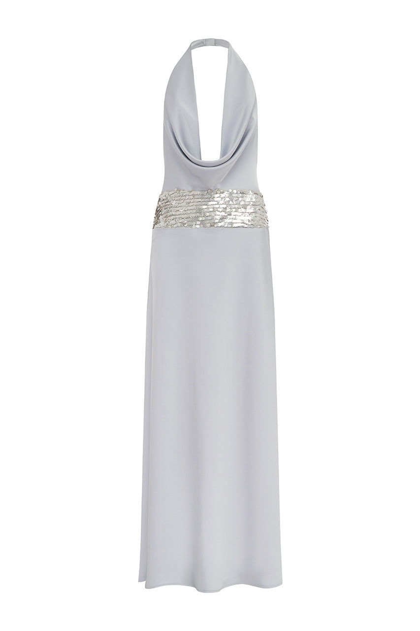 MARCELLA DEEP PLUNGE MAXI DRESS - SILVER