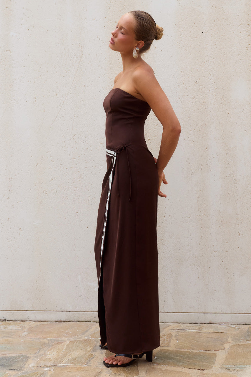 MARTA STRAPLESS MAXI DRESS - CHOCOLATE/SAND STRIPE