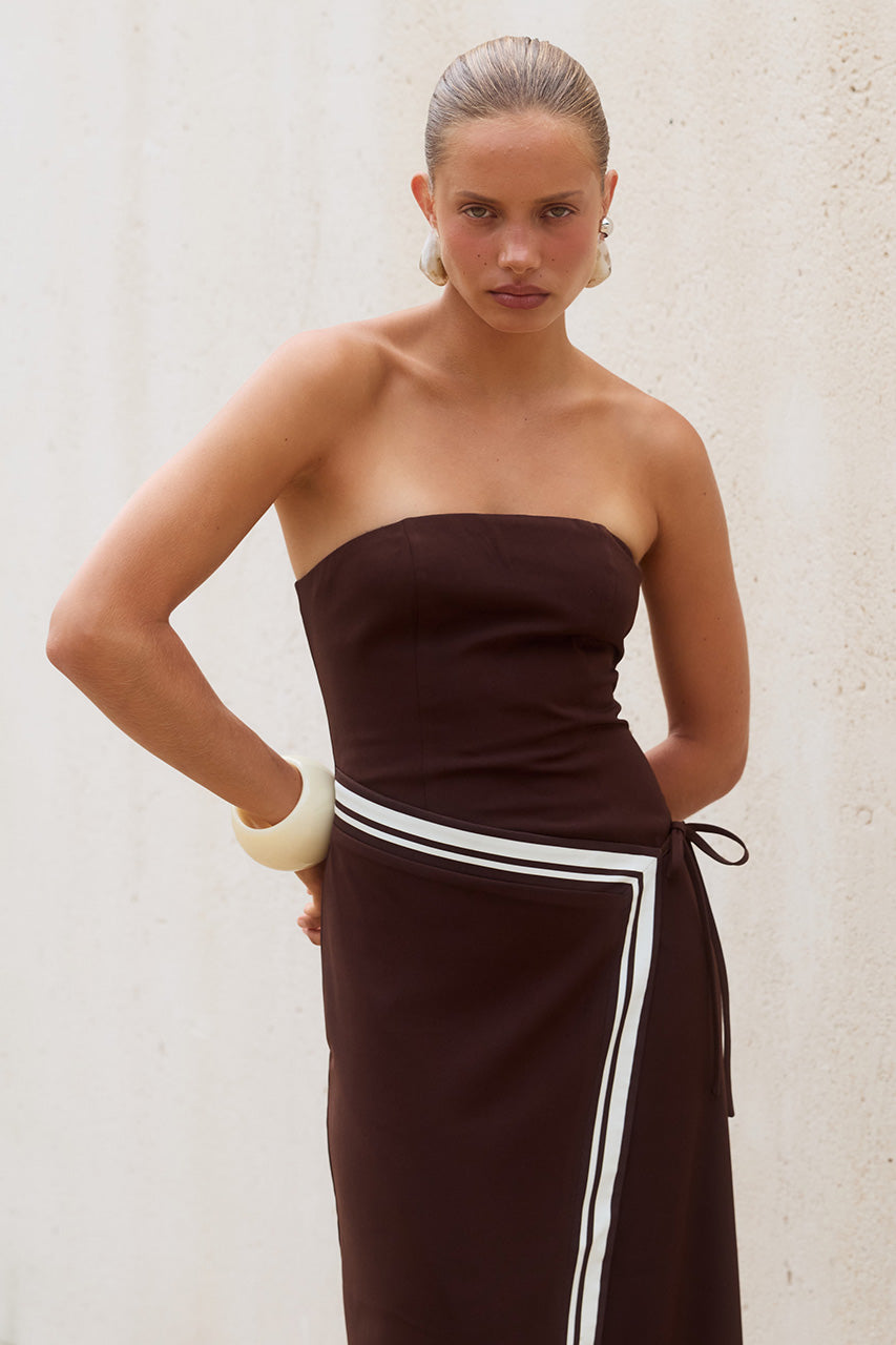 MARTA STRAPLESS MAXI DRESS - CHOCOLATE/SAND STRIPE