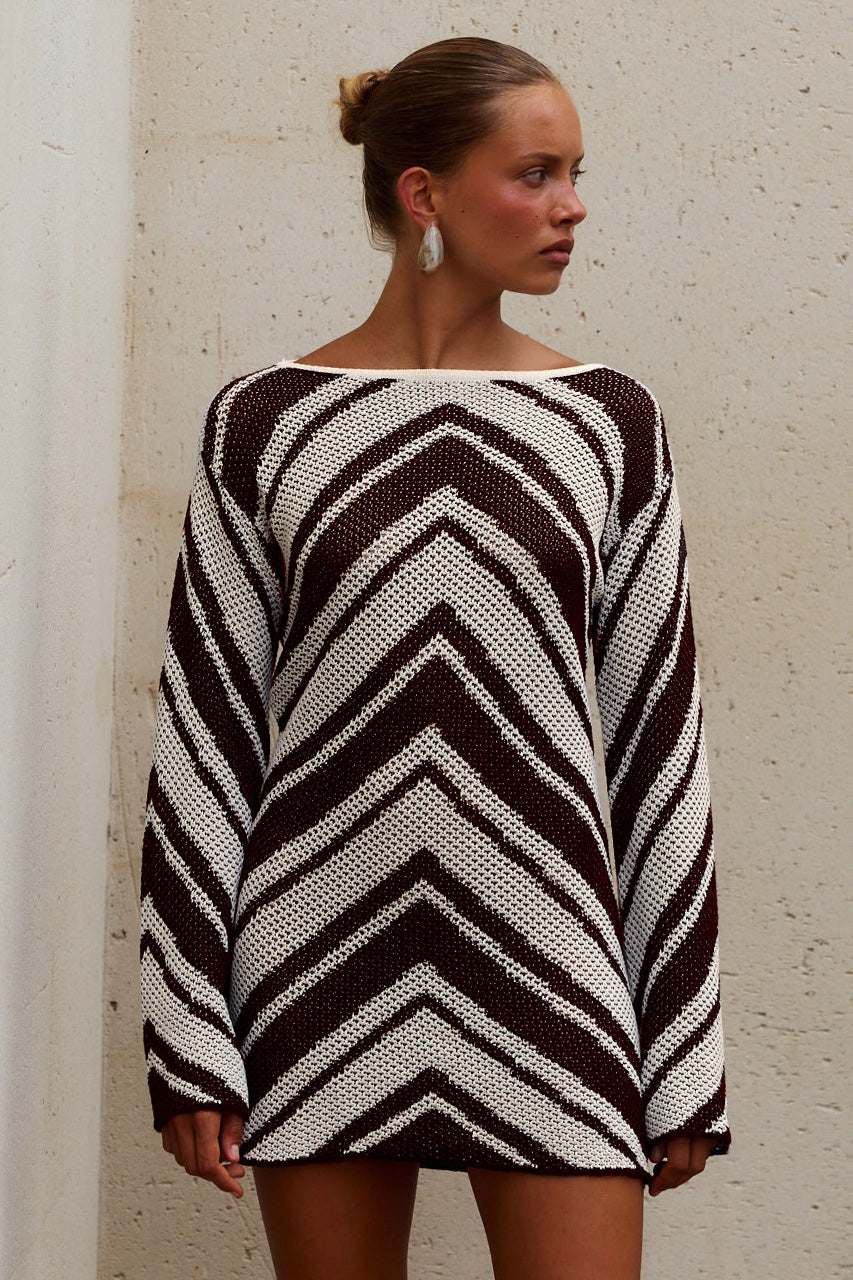 MAZIE LONG SLEEVE KNIT MINI DRESS - CHOCOLATE/BUTTER CREAM