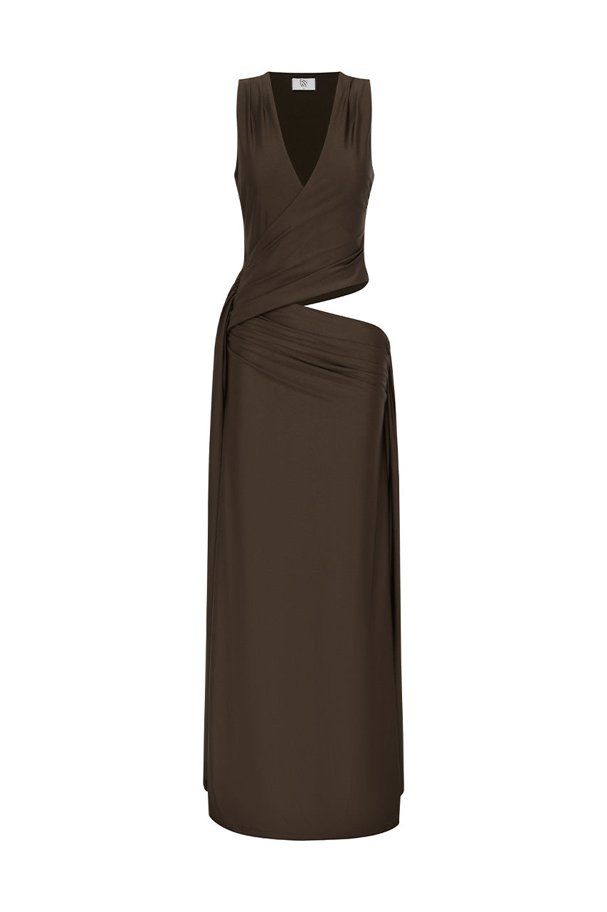 MAZINI DEEP PLUNGE MAXI DRESS - BITTER CHOCOLATE