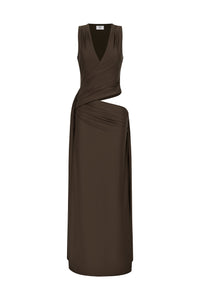 MAZINI DEEP PLUNGE MAXI DRESS - BITTER CHOCOLATE