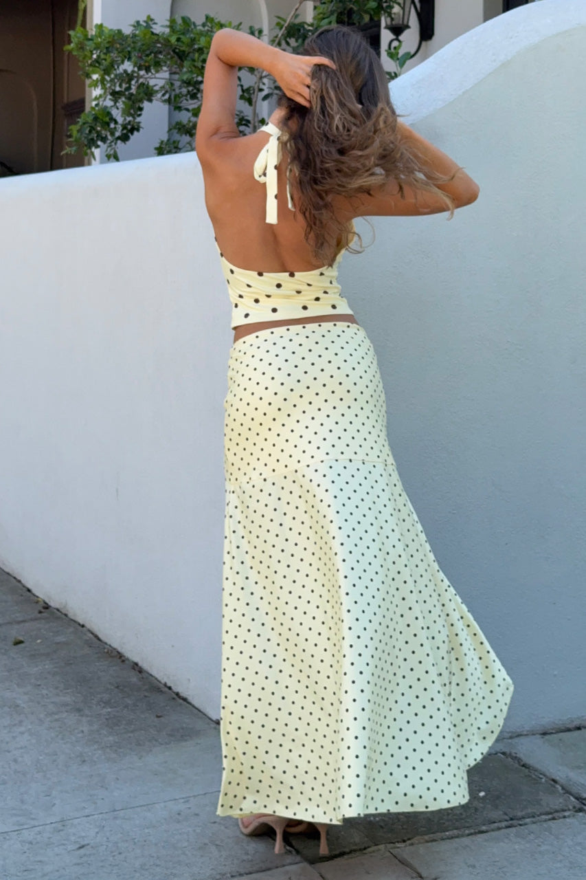 MELODY FLOUNCE MIDI SKIRT - LEMON/CHOC POLKA