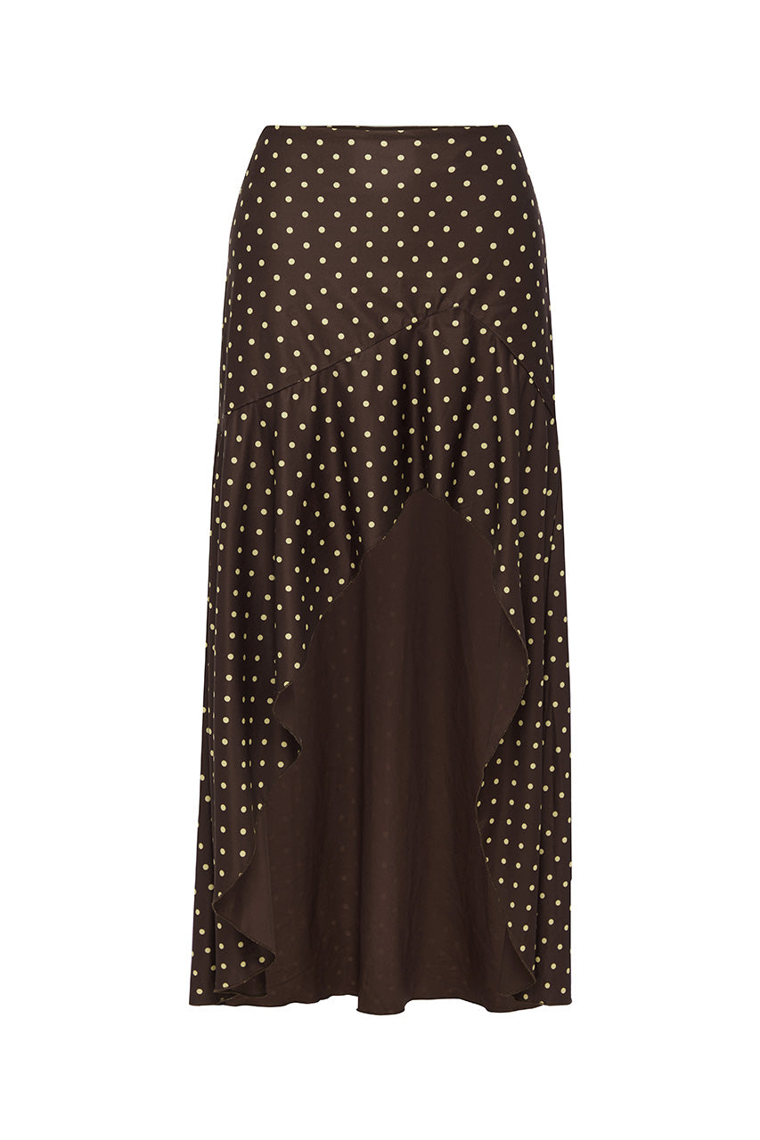 MELODY FLOUNCE MIDI SKIRT - CHOC/LEMON POLKA