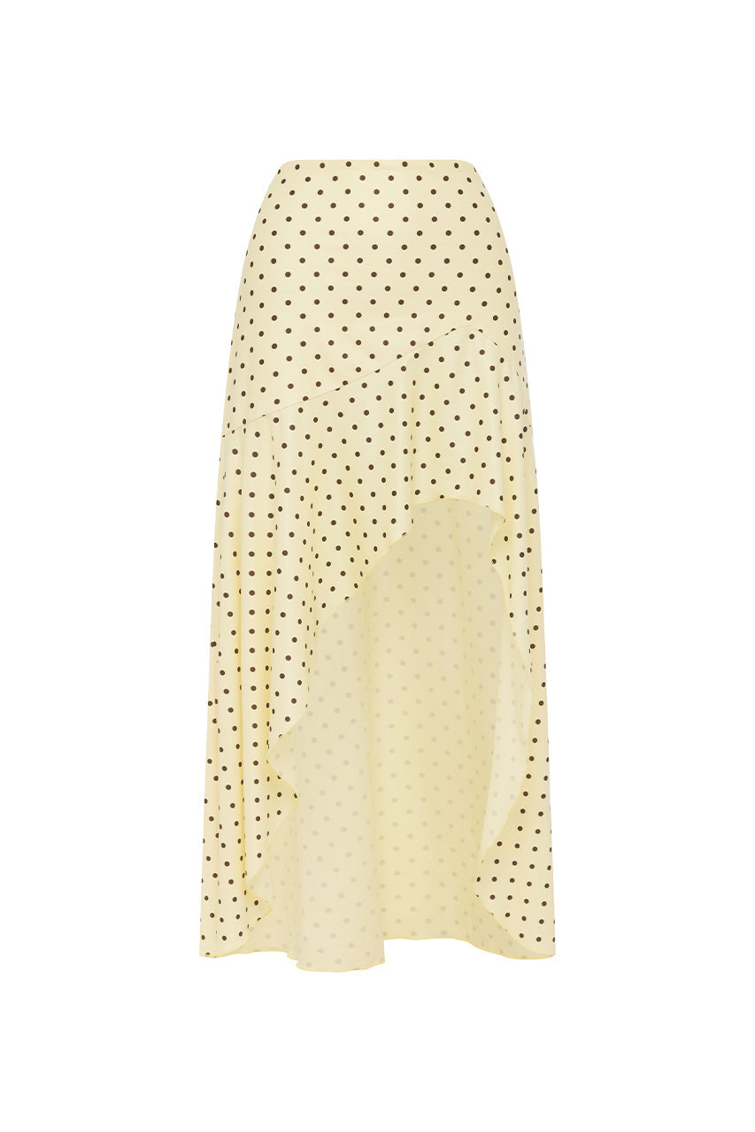 MELODY FLOUNCE MIDI SKIRT - LEMON/CHOC POLKA