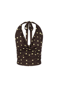 MELODY HALTER COWL TOP - CHOC/LEMON POLKA