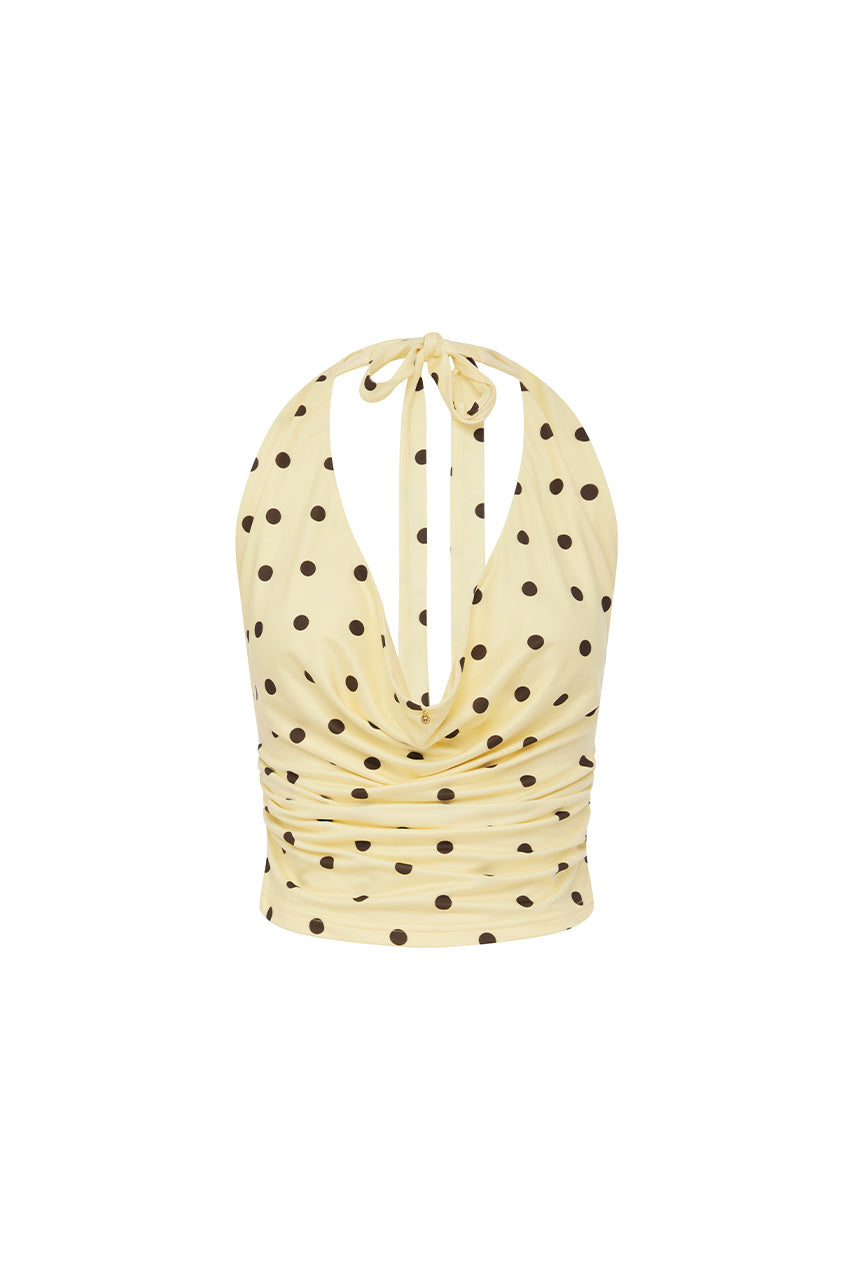 MELODY HALTER COWL TOP - LEMON/CHOC POLKA