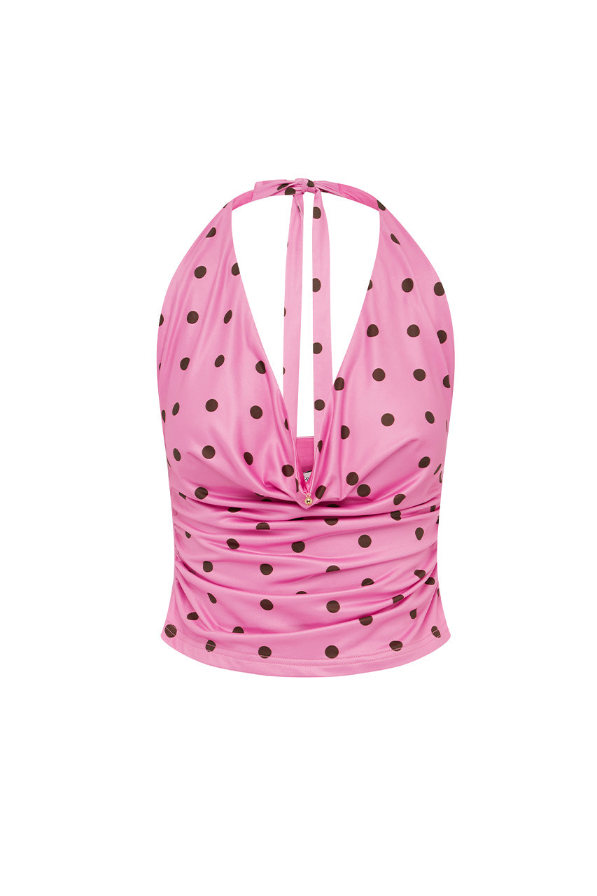 MELODY HALTER COWL TOP - MUSK/CHOC POLKA