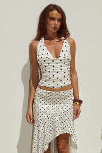 MELODY HALTER COWL TOP - CREAM/BLACK POLKA