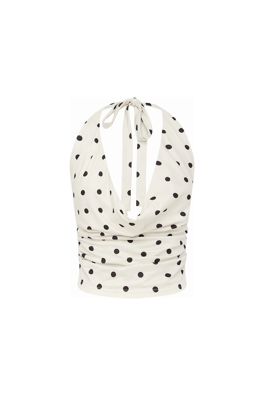 MELODY HALTER COWL TOP - CREAM/BLACK POLKA