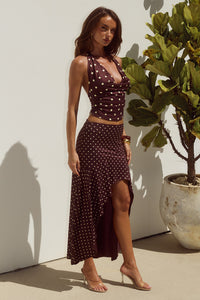 MELODY FLOUNCE MIDI SKIRT - CHOC/LEMON POLKA