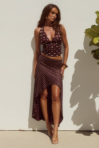 MELODY FLOUNCE MIDI SKIRT - CHOC/LEMON POLKA