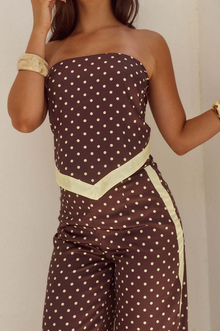MILANI SATIN SCARF TOP - CHOC/LEMON POLKA