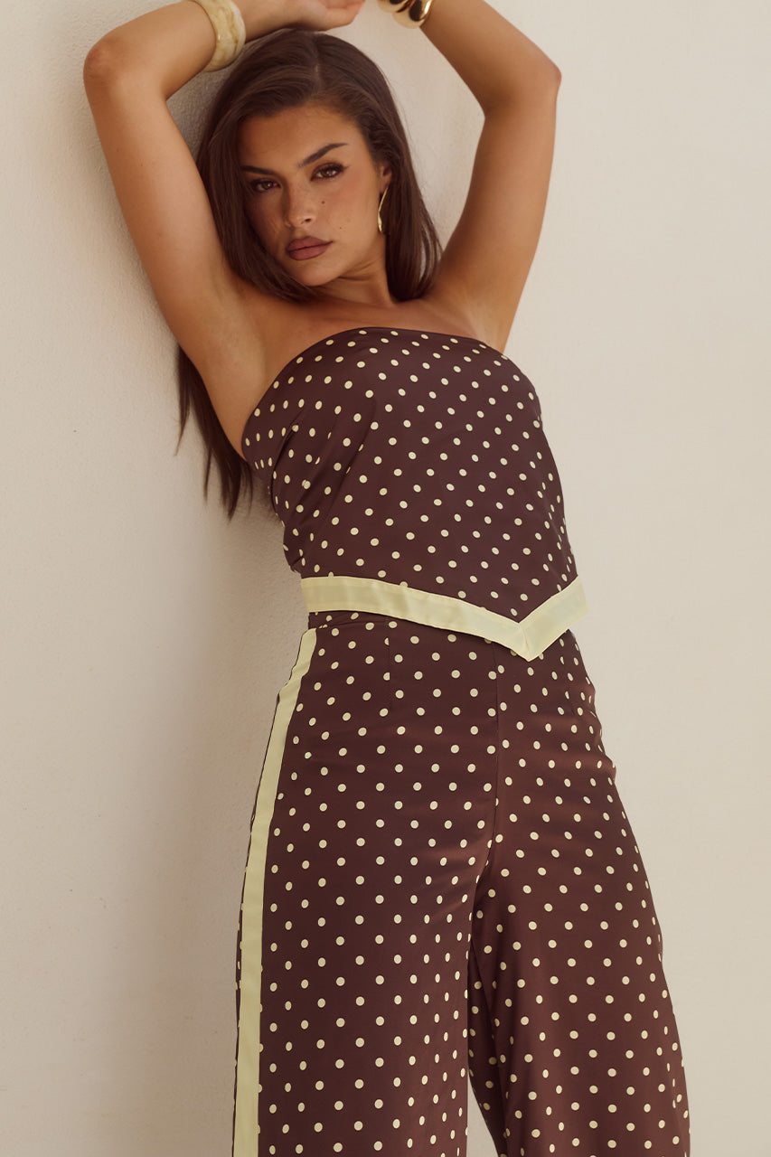MILANI SATIN SCARF TOP - CHOC/LEMON POLKA