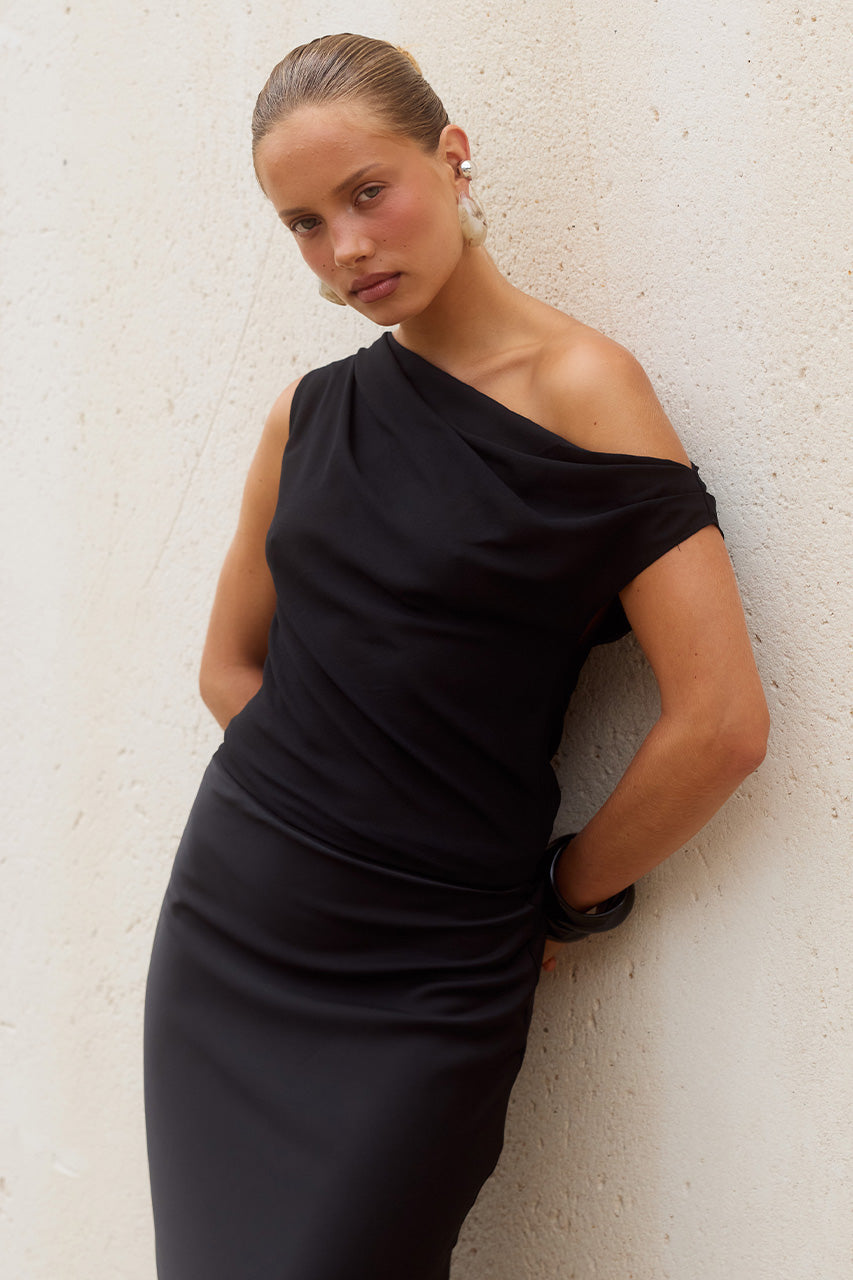 MILA OFF SHOULDER COWL MAXI DRESS - BLACK