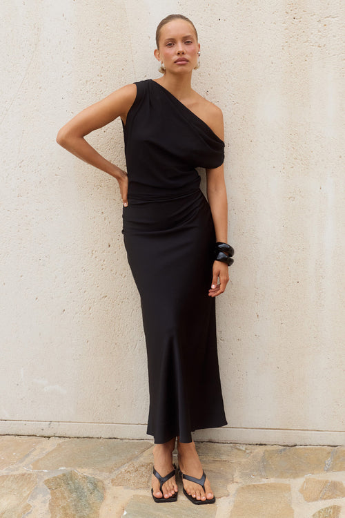 MILA OFF SHOULDER COWL MAXI DRESS - BLACK