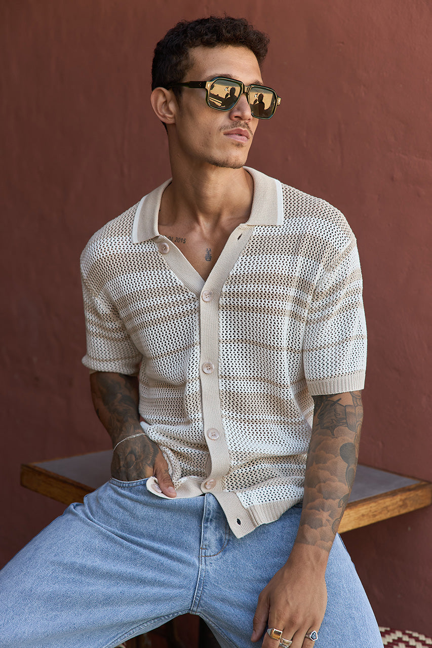 MONROE SHORT SLEEVE KNIT TOP - SAND/WHITE STRIPE