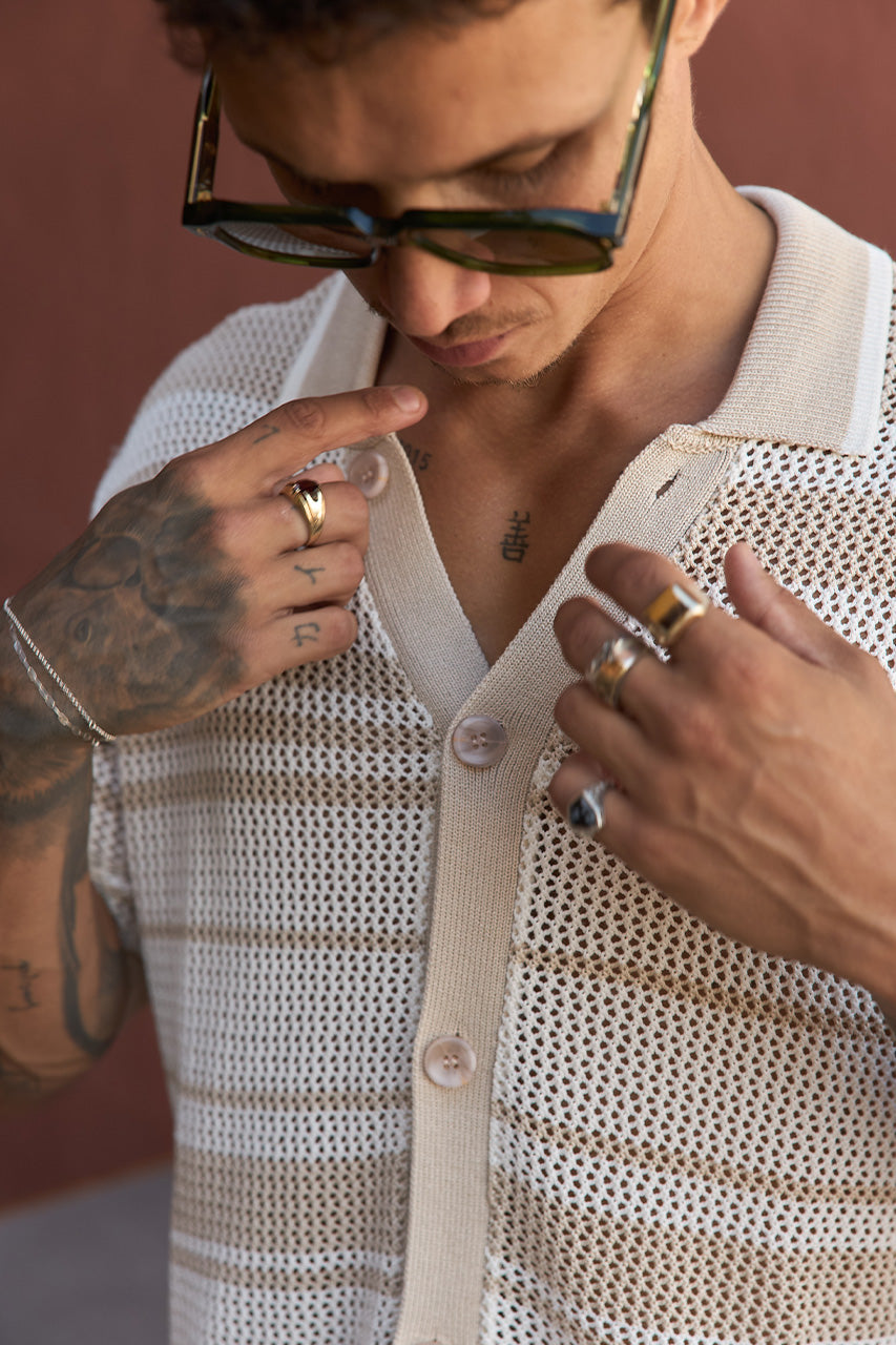 MONROE SHORT SLEEVE KNIT TOP - SAND/WHITE STRIPE