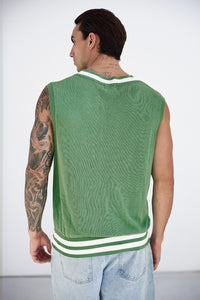 MONTGOMERY V-NECK KNIT TOP - KHAKI/WHITE