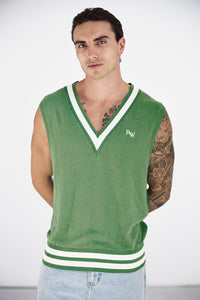 MONTGOMERY V-NECK KNIT TOP - KHAKI/WHITE