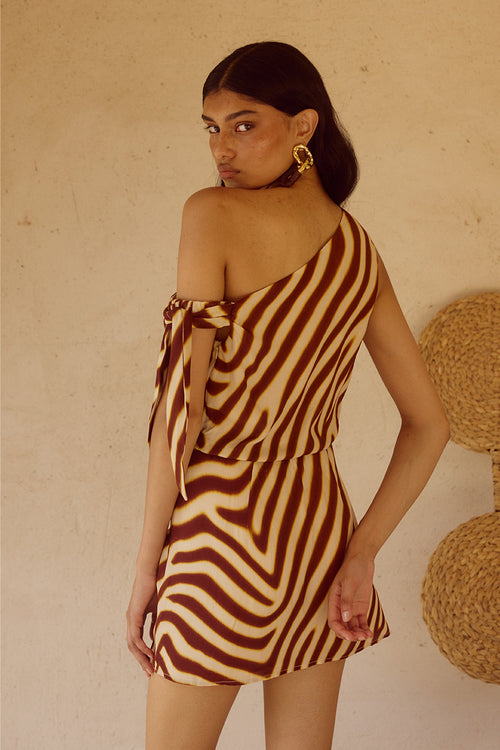 MONTIE OFF SHOULDER MINI DRESS - MONTIE CHOC