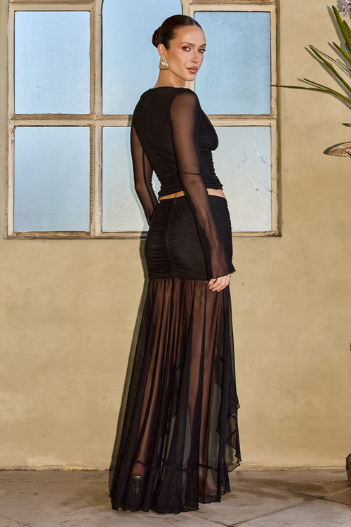 NERIDAH RUFFLE FRONT MAXI SKIRT - BLACK