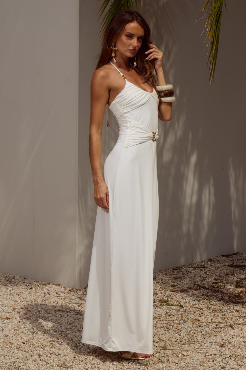 NINA RUCHED HALTER MAXI DRESS - WHITE