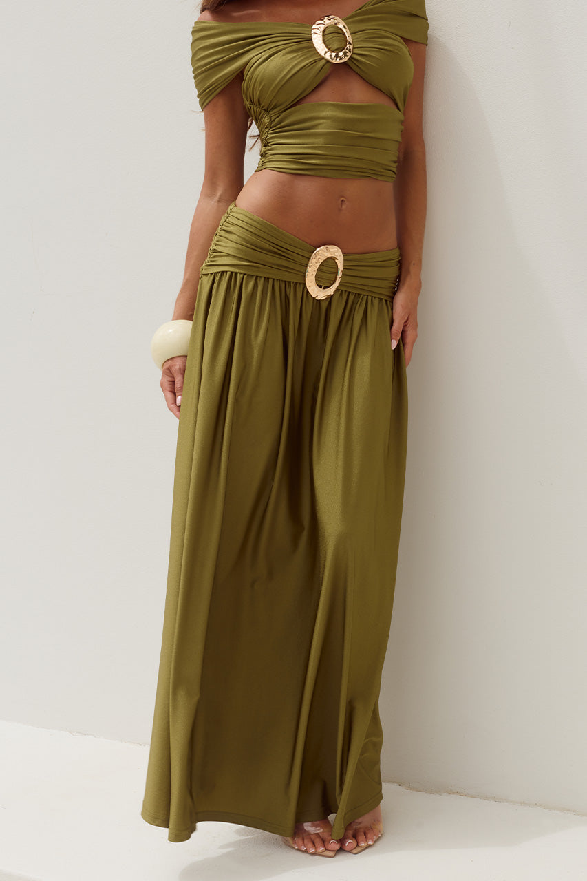 NIVALI DRAPED WAIST MAXI SKIRT - OLIVE
