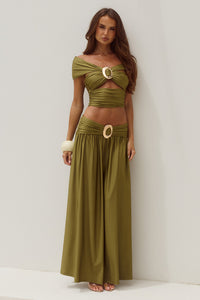 NIVALI DRAPED WAIST MAXI SKIRT - OLIVE
