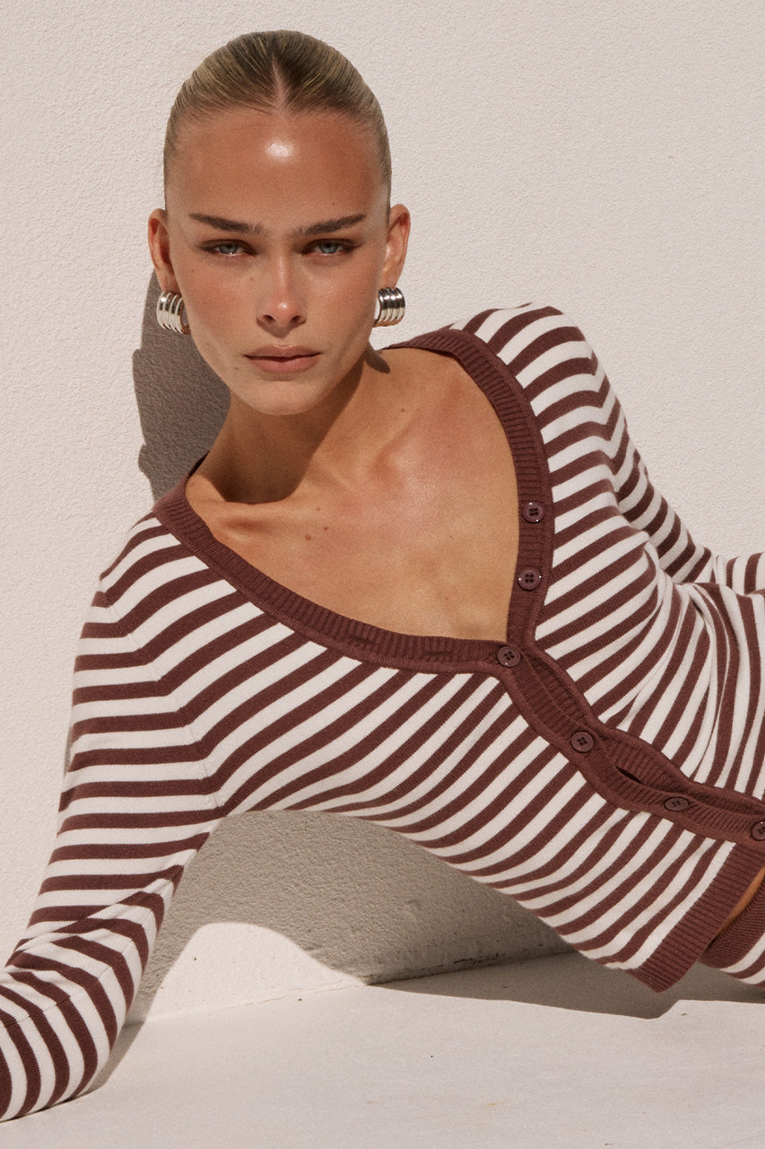 NOEMI LONG SLEEVE KNIT TOP - CHOC STRIPE