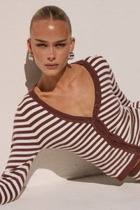 NOEMI LONG SLEEVE KNIT TOP - CHOC STRIPE