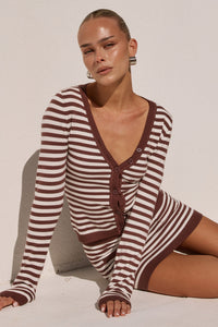 NOEMI LONG SLEEVE KNIT TOP - CHOC STRIPE
