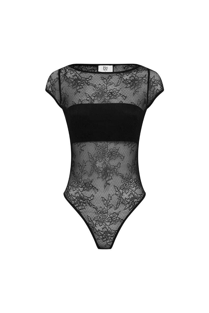 OPALINE BOAT NECK LACE BODYSUIT - BLACK