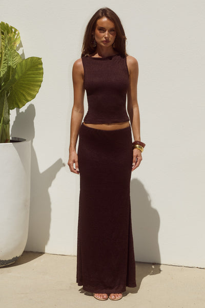 ORLEAN LOW WAIST LACE MAXI SKIRT - CHOCOLATE