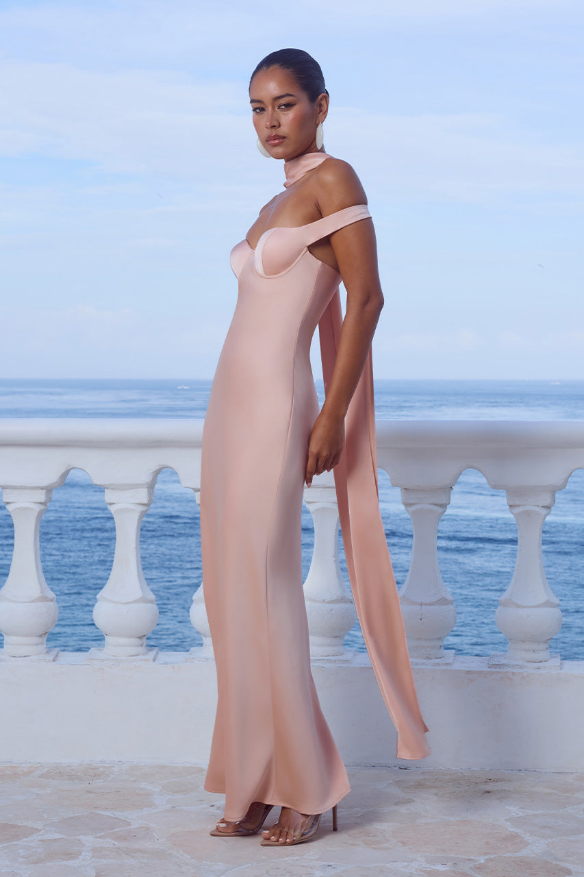 RAPHAELLA OFF SHOULDER MAXI DRESS - PEACH