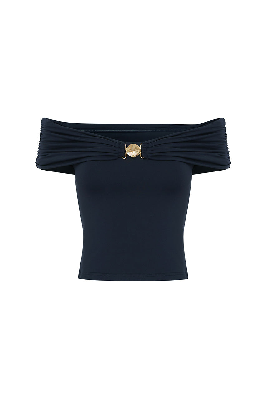 REMINA RUCHED OFF SHOULDER TOP - NAVY