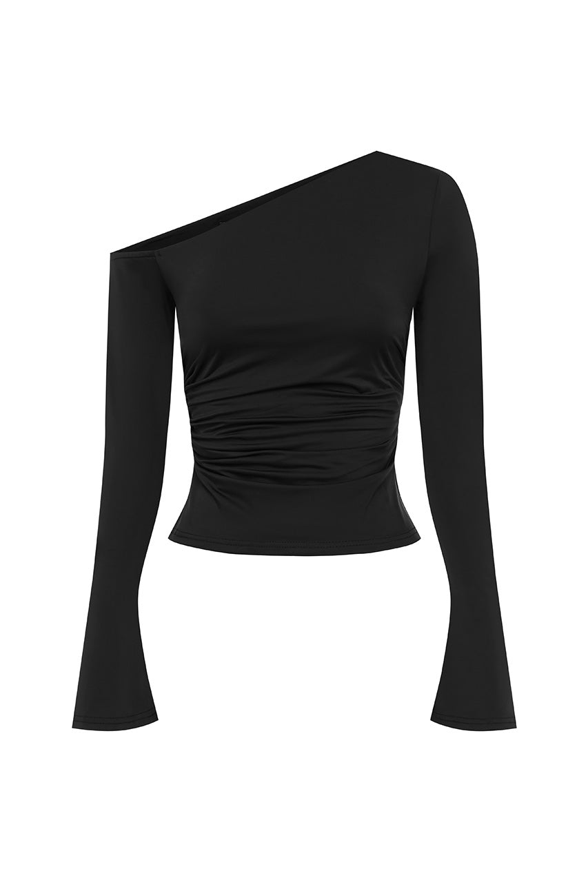 RENZO ONE SHOULDER LONG SLEEVE TOP - BLACK