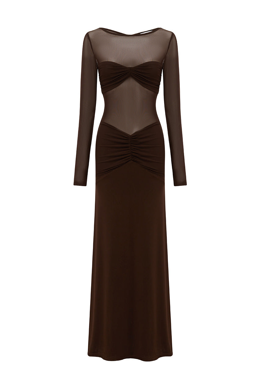 ROMY SLEEVED RUCHED MAXI DRESS - BITTER CHOCOLATE