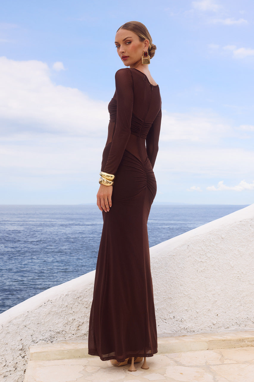 ROMY SLEEVED RUCHED MAXI DRESS - BITTER CHOCOLATE