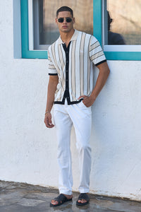 RONALDO COLLARED KNIT TOP - SAND STRIPE