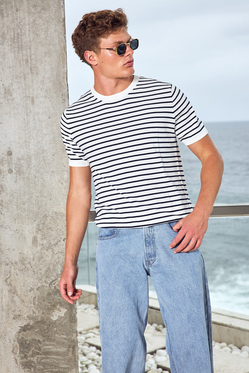 RONAN SHORT SLEEVE KNIT TOP - NAVY/WHITE STRIPE