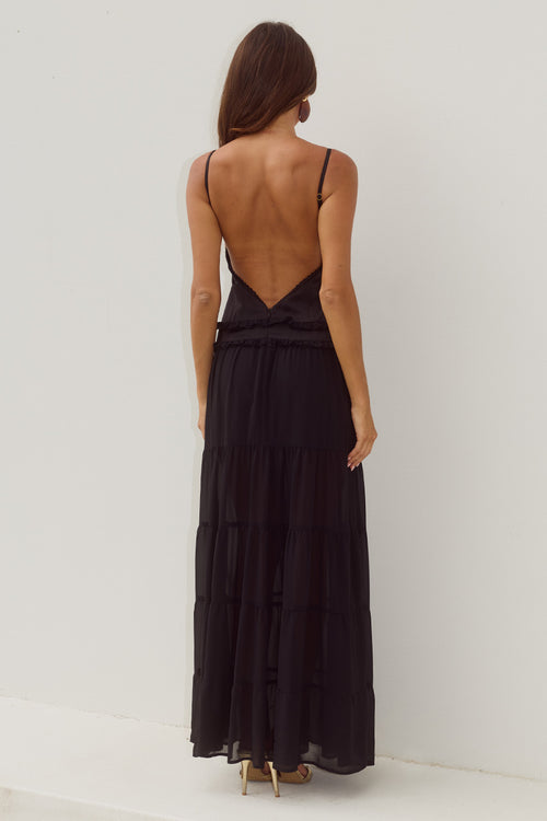 ROSETTA BACKLESS TIERED MAXI DRESS - BLACK