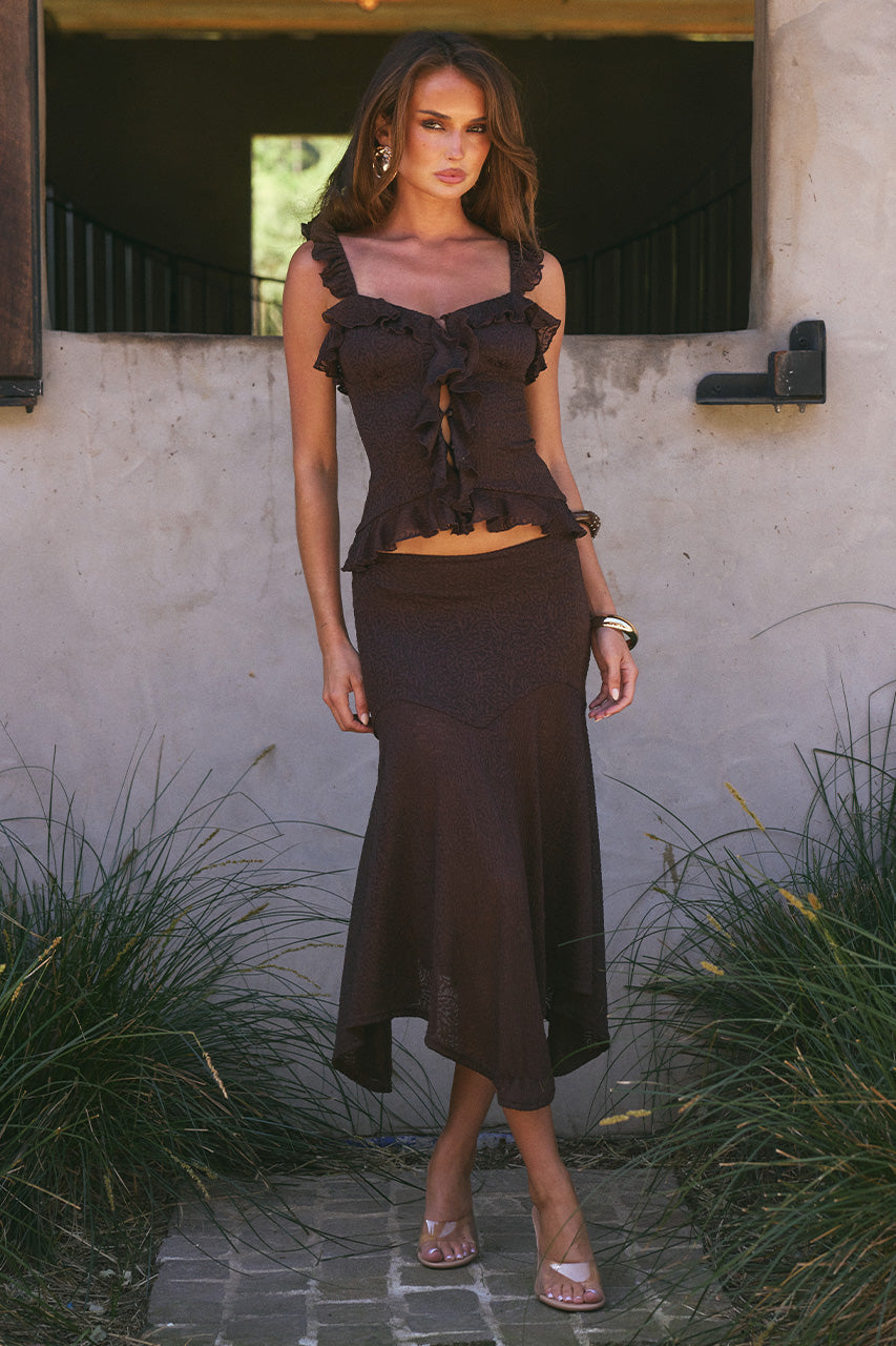ROXELLE HANDKERCHIEF MIDI SKIRT - BITTER CHOCOLATE