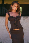 ROXELLE RUFFLE SPLIT FRONT TOP - BITTER CHOCOLATE