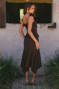ROXELLE RUFFLE SPLIT FRONT TOP - BITTER CHOCOLATE