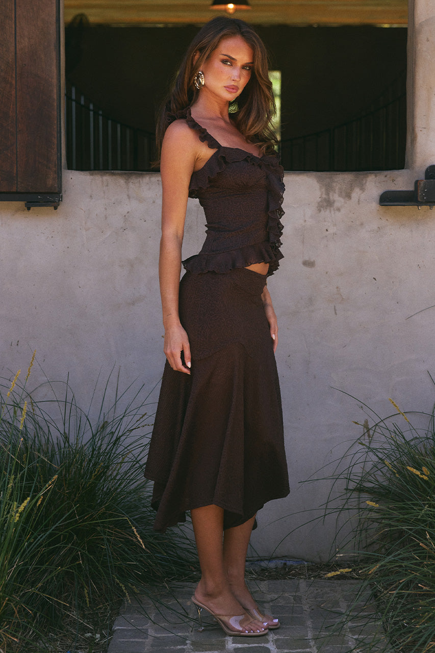ROXELLE HANDKERCHIEF MIDI SKIRT - BITTER CHOCOLATE