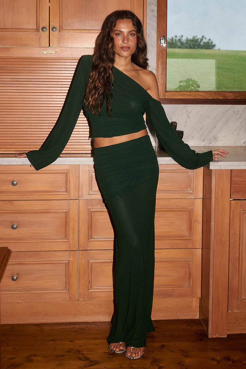 RUBY LOW WAISTED RUCHED MAXI SKIRT - KHAKI